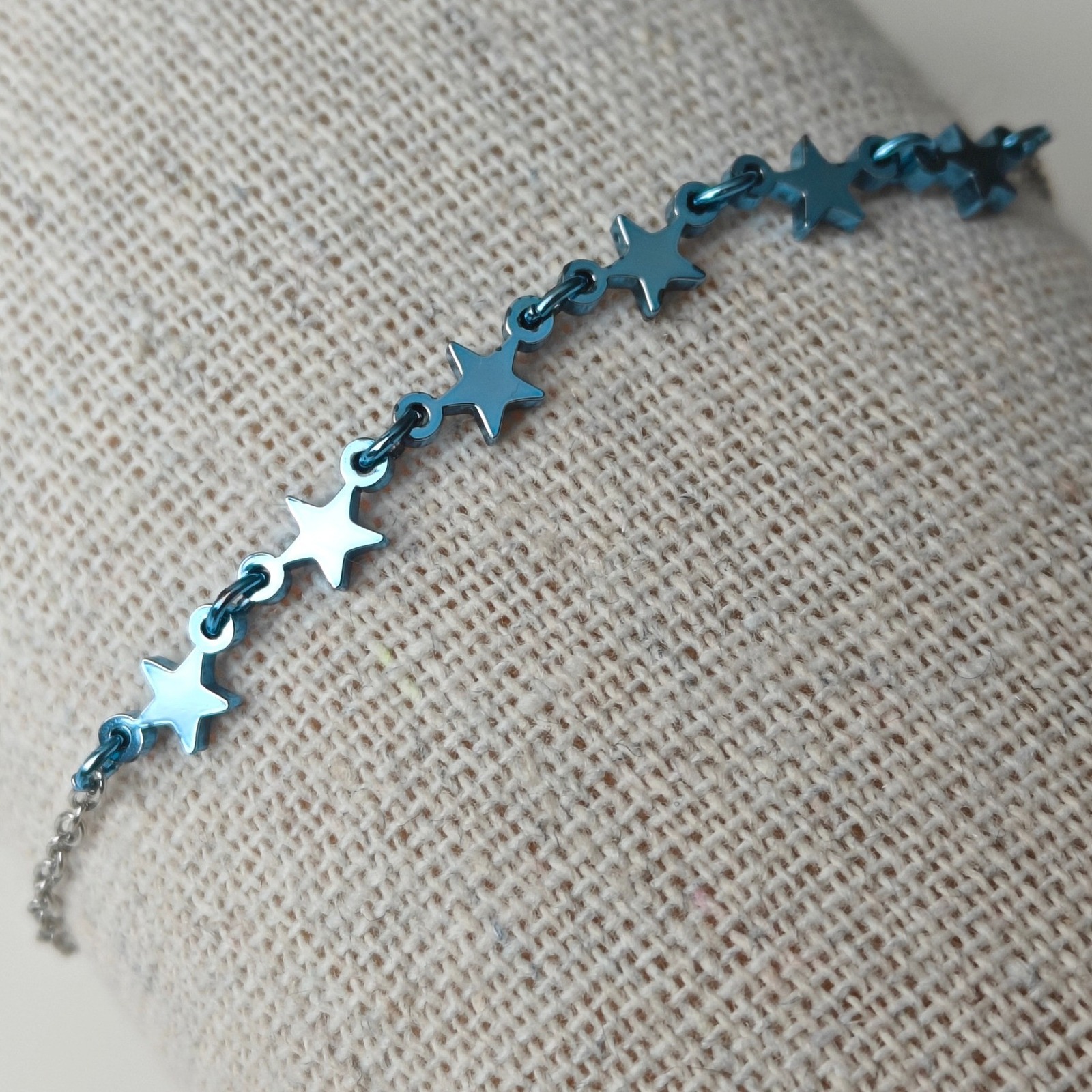 Blue Metallic Star Charm Bracelet Celestial Chain Link Silver Tone Y2k Minimal